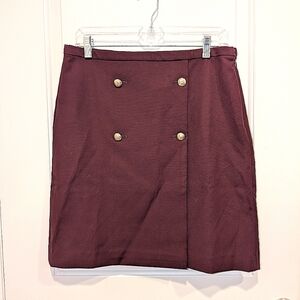 Talbots Burgundy A-Line Skirt  Faux Wrap Button Detail Size 6